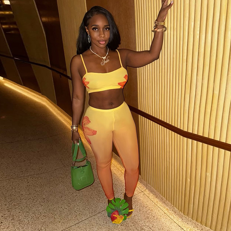 Women Sexy Floral Gradient Printed Camisole Vest Top and Trousers Two-Piece Set