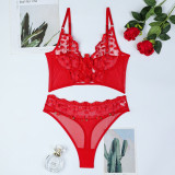 Women Red Heart Print Embroidered Rose Flower Sexy Lingerie Set