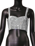 Women Sparkling Diamond Sleeveless Open Waist Strapless Camisole Rhinestone Metal Top