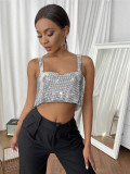 Women Sparkling Diamond Sleeveless Open Waist Strapless Camisole Rhinestone Metal Top