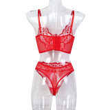 Women Red Heart Print Embroidered Rose Flower Sexy Lingerie Set
