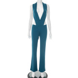 Women Spring and Summer Sexy V Neck Sleeveless Bodysuit and Flared Pants Two-piece Set