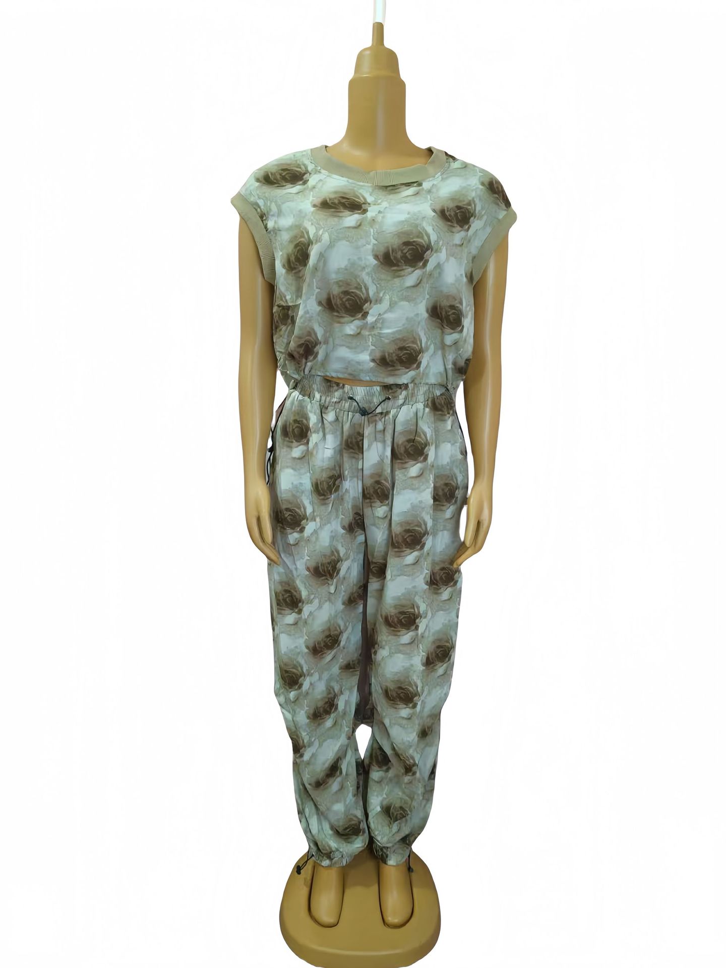 Women Ribbed Print Round Neck Short Sleeve Top and Cuffed Pants Casual Two-piece Set