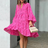 Women Solid V-neck Embroidered Hollow Lace Dress