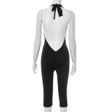 Women Spring and Summer Solid Halter Neck V Neck Backless Jumpsuit with Tie