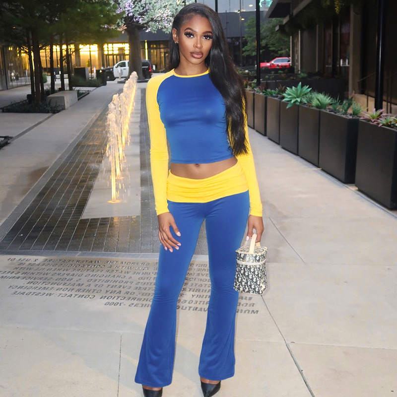 Women Contrast Raglan Long Sleeve Top and Folded Flared Trousers Two-Piece Set