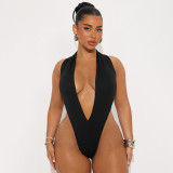 Women Spring and Summer Sexy V Neck Sleeveless Bodysuit and Flared Pants Two-piece Set
