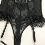 Women Eyelash Lace Flower See-Through Bodysuit Sexy Lingerie