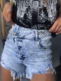 Women asymmetric stretch light blue button ripped denim shorts