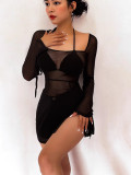 Women See-Through Sexy Mesh Long Sleeve Slit Dress