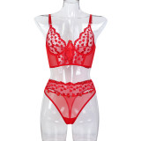 Women Red Heart Print Embroidered Rose Flower Sexy Lingerie Set