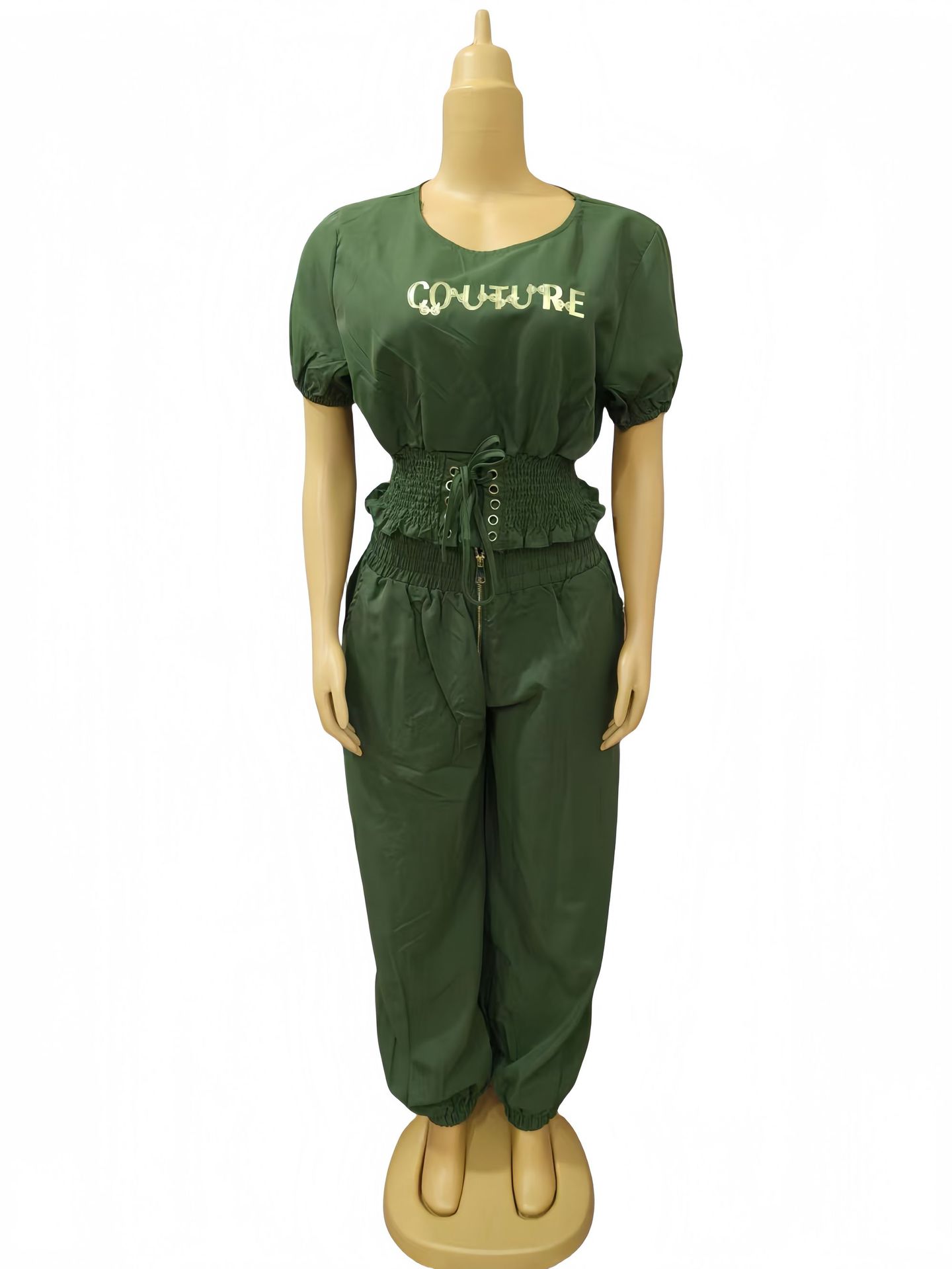 African Women Round Neck Short Sleeve Top and Cuffed Pants Casual Two-piece Set