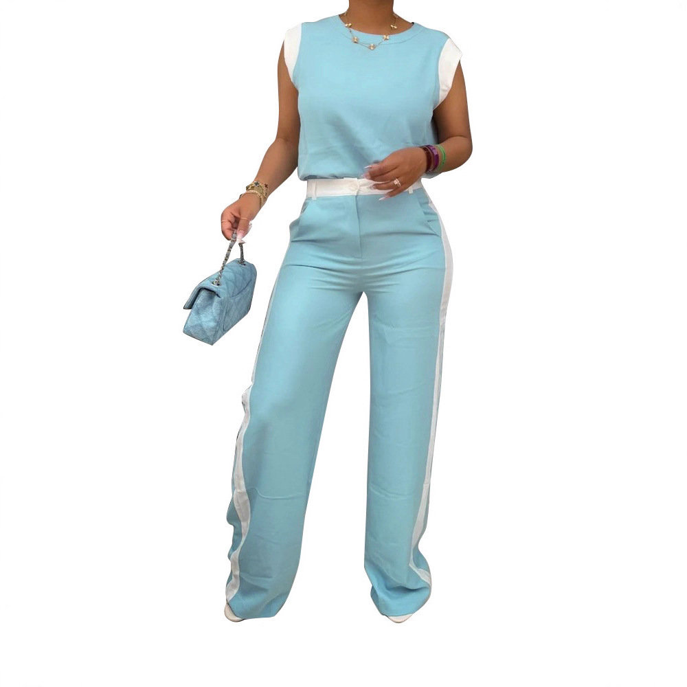 Women Casual Summer Contrast Short Sleeve Top and Wide Leg Trousers Two-Piece Set