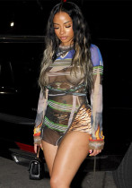 Women Spring and Summer Mesh Printed Irregular Lace-Up Split Top T-shirt