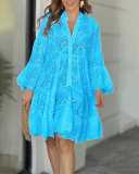 Women Solid V-neck Embroidered Hollow Lace Dress