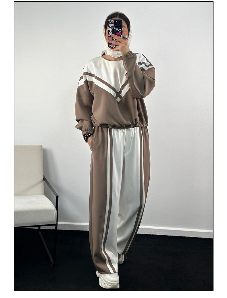 Women Contrast Color twill Casual Top and Pants Two-piece Set