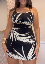 Women Plant Print Backless Lace-Up Skirt Jumpsuit