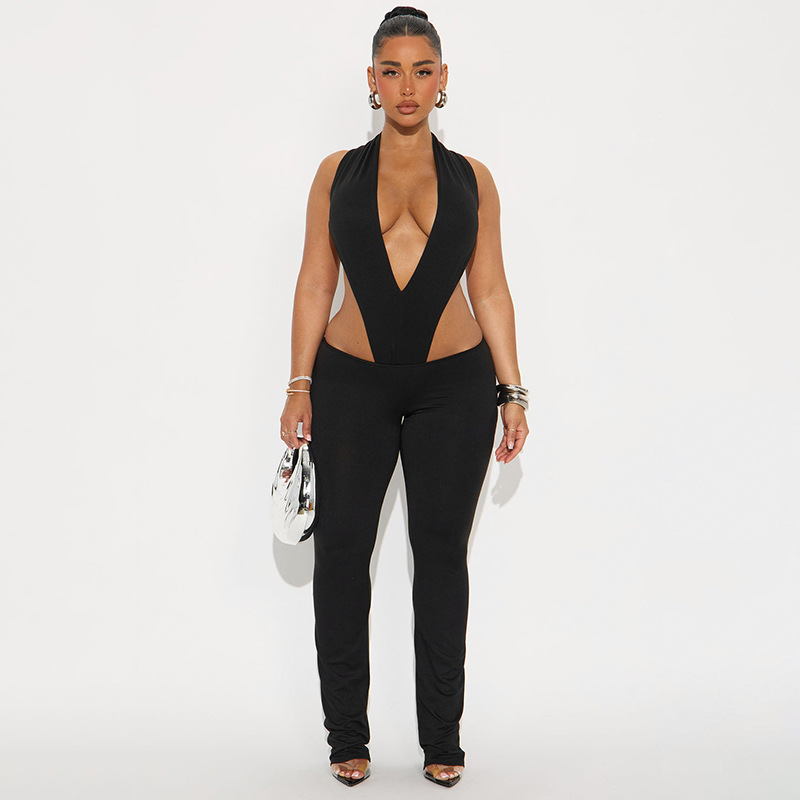 Women Spring and Summer Sexy V Neck Sleeveless Bodysuit and Flared Pants Two-piece Set