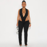 Women Spring and Summer Sexy V Neck Sleeveless Bodysuit and Flared Pants Two-piece Set