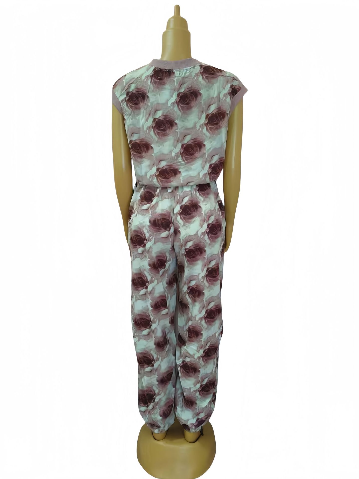 Women Ribbed Print Round Neck Short Sleeve Top and Cuffed Pants Casual Two-piece Set