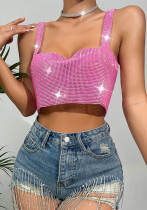 Women Sparkling Diamond Sleeveless Open Waist Strapless Camisole Rhinestone Metal Top