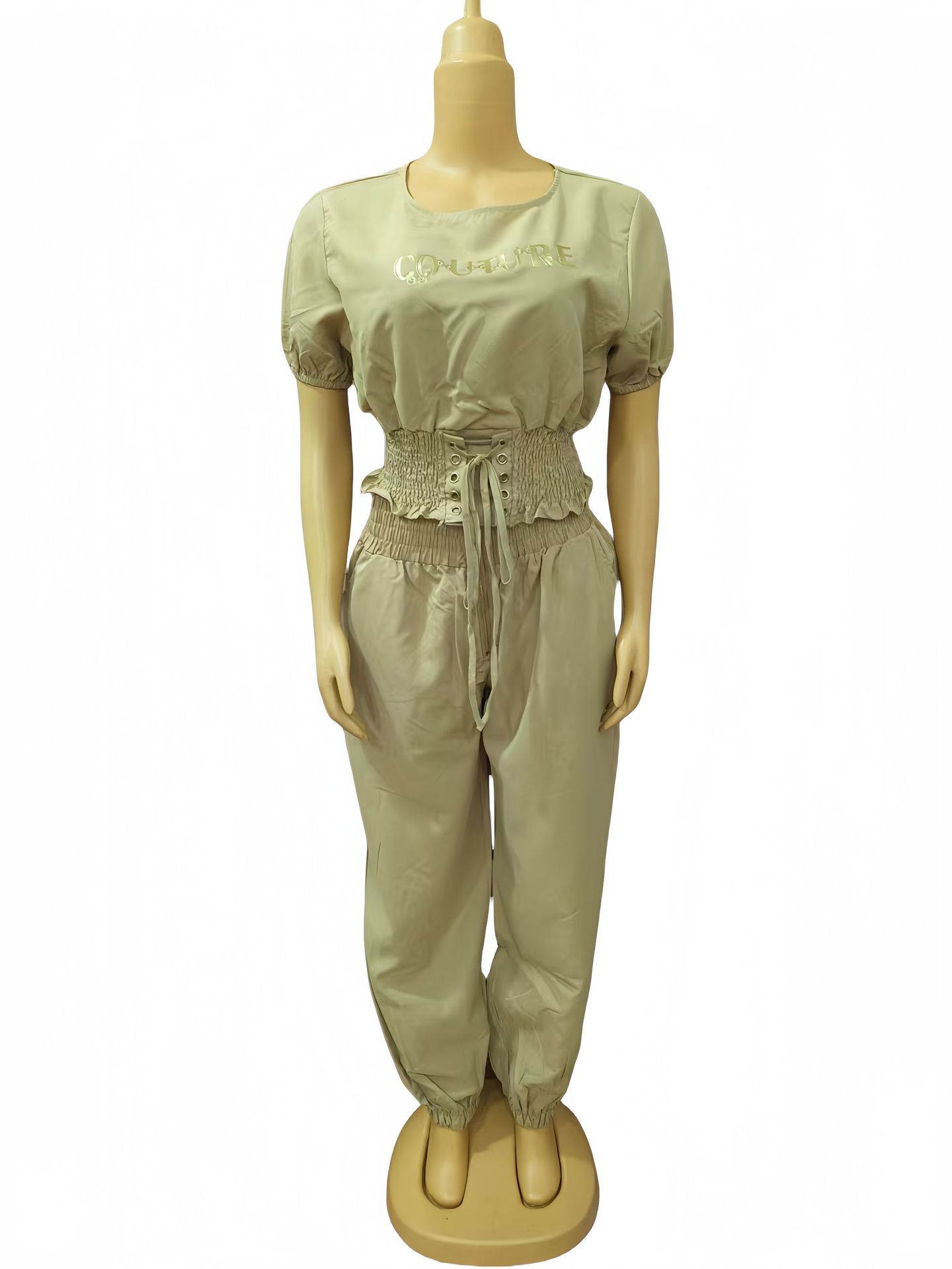 African Women Round Neck Short Sleeve Top and Cuffed Pants Casual Two-piece Set