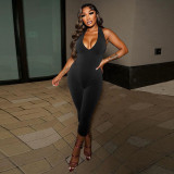 Women Spring and Summer Solid Halter Neck V Neck Backless Jumpsuit with Tie