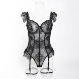 Women Eyelash Lace Flower See-Through Bodysuit Sexy Lingerie