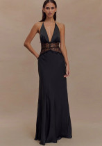 Women Summer V Neck Backless Lace See-Through Sexy Dress