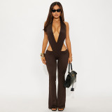 Women Spring and Summer Sexy V Neck Sleeveless Bodysuit and Flared Pants Two-piece Set