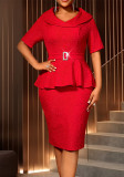 Plus Size Women Elegant Jacquard Ruffle Formal Party Bodycon Dresses
