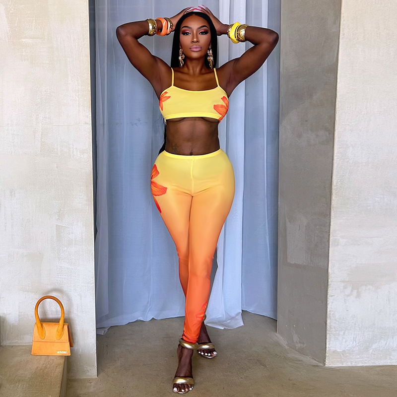 Women Sexy Floral Gradient Printed Camisole Vest Top and Trousers Two-Piece Set