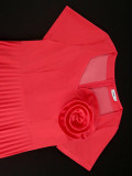 Plus Size Women Watermelon Red Short Sleeve Lace Elegant Maxi Summer Pleated Dress