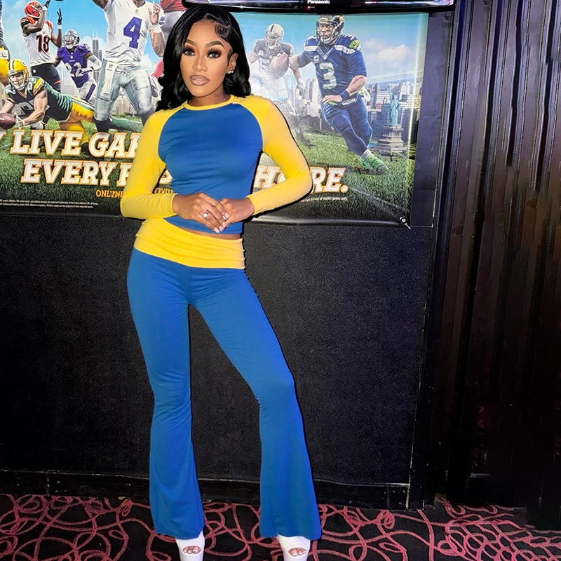 Women Contrast Raglan Long Sleeve Top and Folded Flared Trousers Two-Piece Set