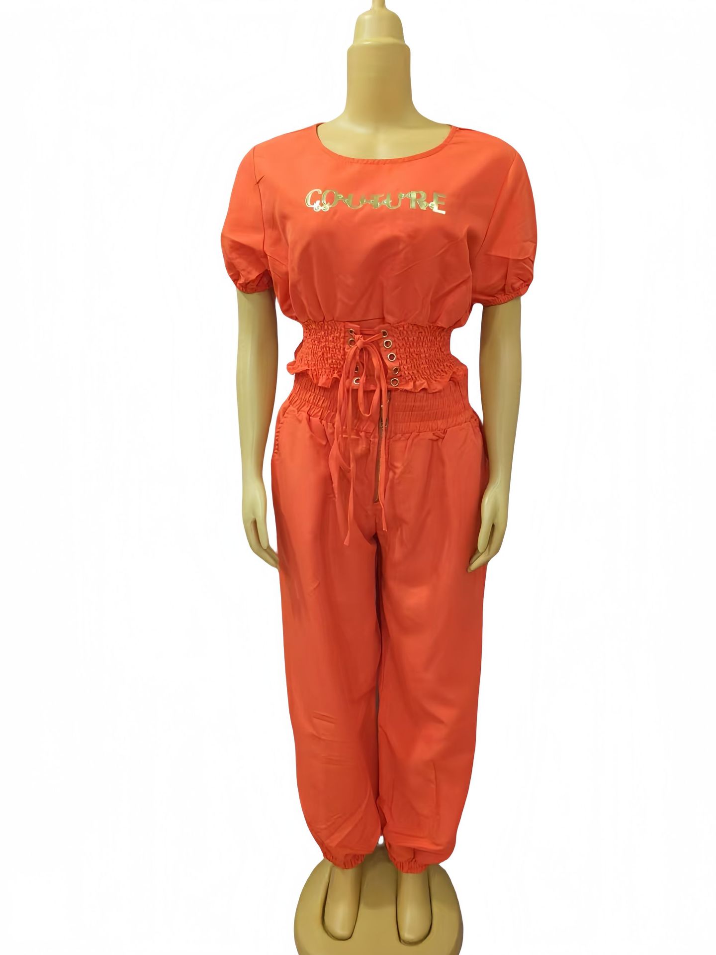 African Women Round Neck Short Sleeve Top and Cuffed Pants Casual Two-piece Set