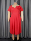 Plus Size Women Watermelon Red Short Sleeve Lace Elegant Maxi Summer Pleated Dress