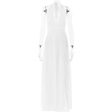 Women Summer Sexy Halter Neck V Neck Lace Backless slit dress