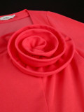 Plus Size Women Watermelon Red Short Sleeve Lace Elegant Maxi Summer Pleated Dress