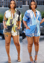 Women Summer Holidays Style Print Casual Shirt Shorts Two-piece Set