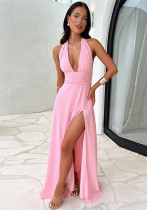 Women Summer Sexy Halter Neck V Neck Lace Backless slit dress