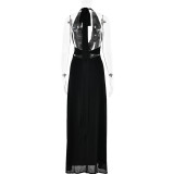 Women Summer Sexy Halter Neck V Neck Lace Backless slit dress