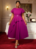 Plus Size Women Round Neck Short Sleeve Irregular Ruffle Elegant Dress
