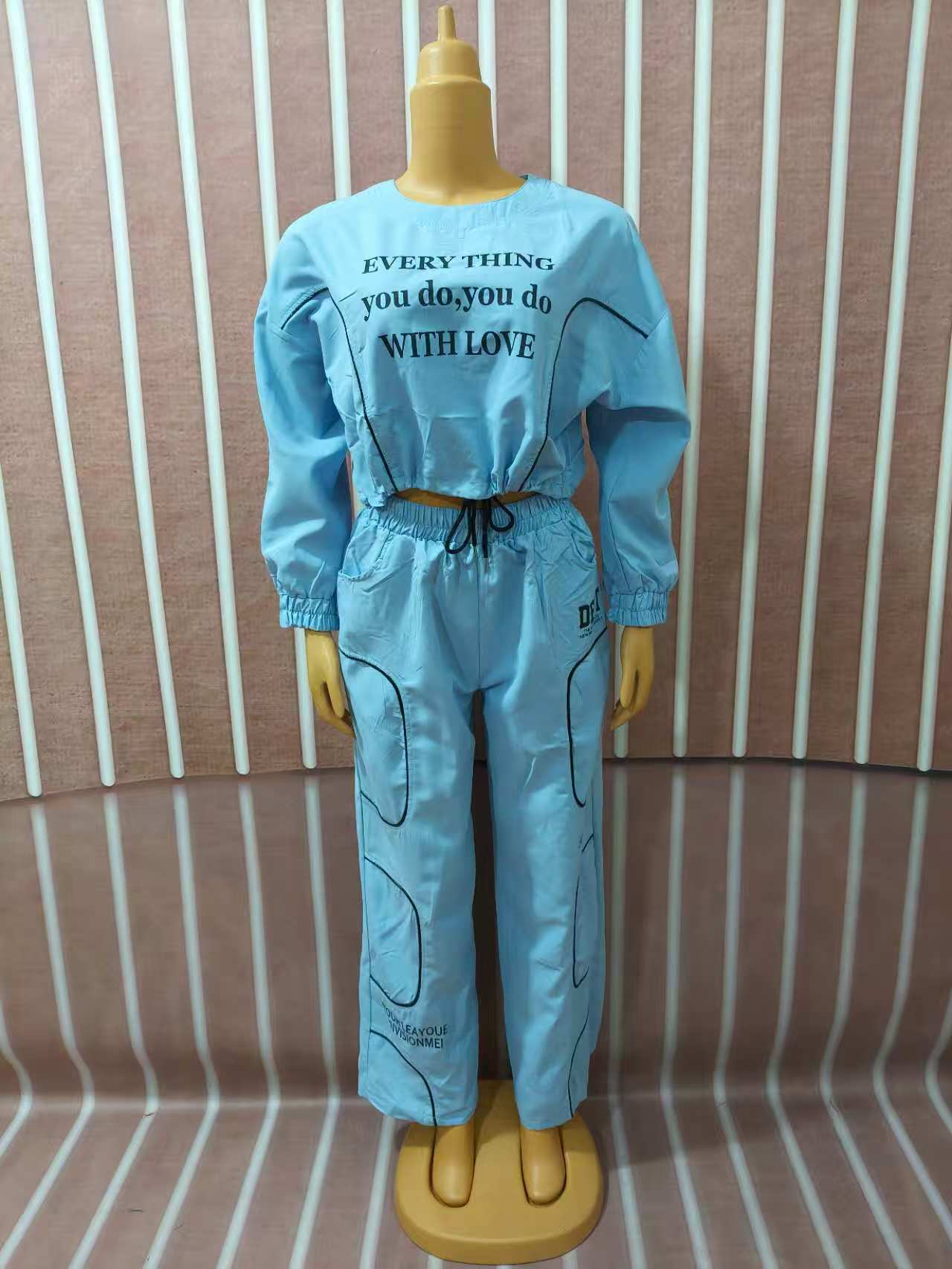 Women Solid Printed Casual Top and Pants Two-piece Set