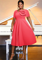 Plus Size Women Watermelon Red Short Sleeve Lace Elegant Maxi Summer Pleated Dress