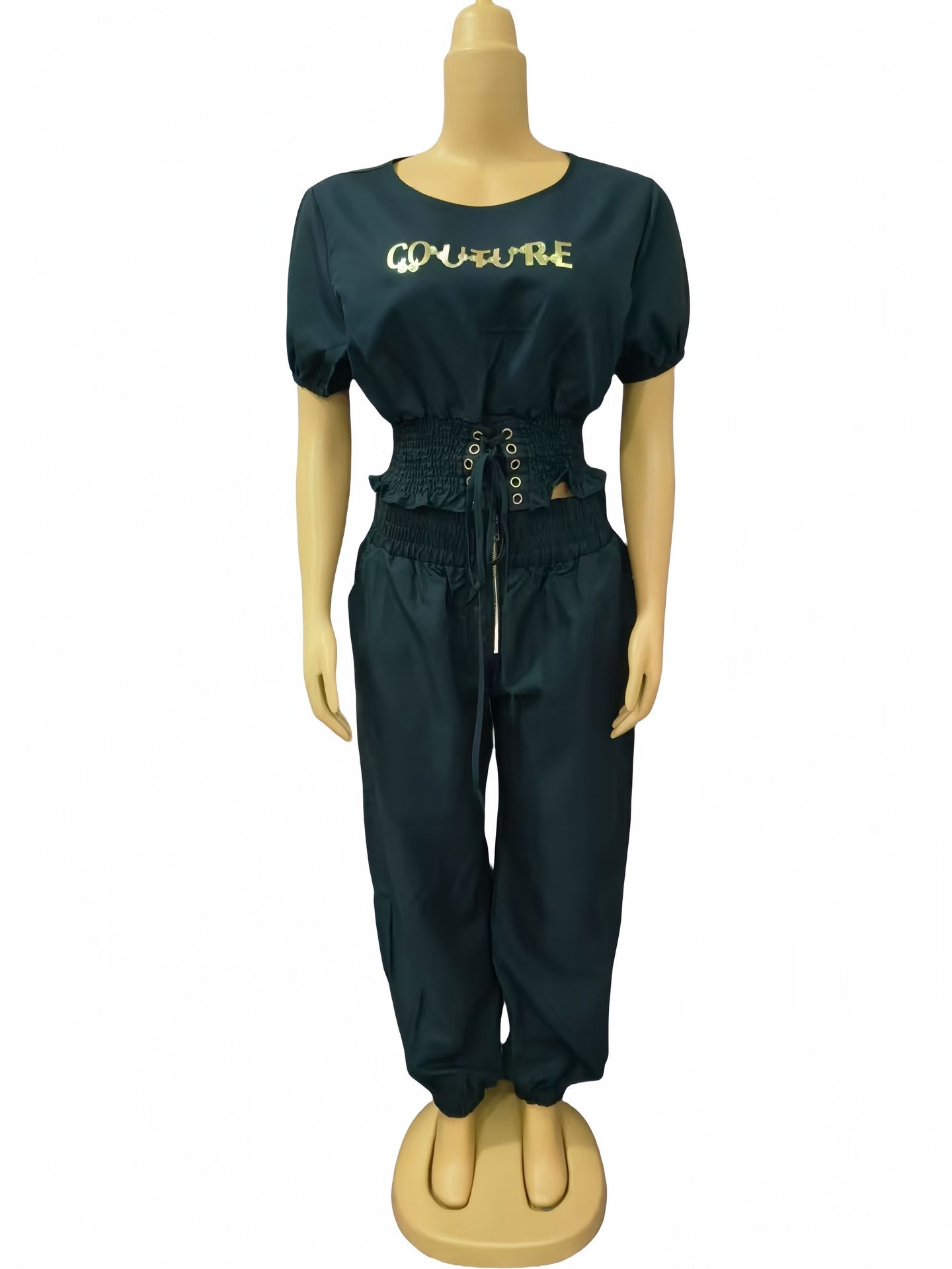 African Women Round Neck Short Sleeve Top and Cuffed Pants Casual Two-piece Set