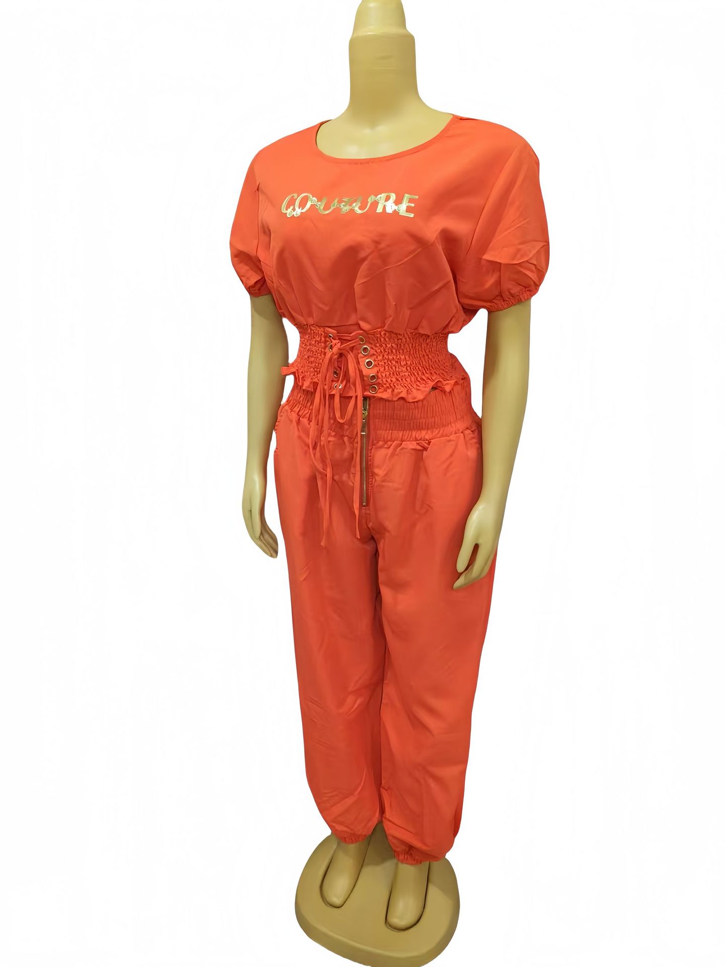 African Women Round Neck Short Sleeve Top and Cuffed Pants Casual Two-piece Set