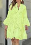 Women Solid V-neck Embroidered Hollow Lace Dress