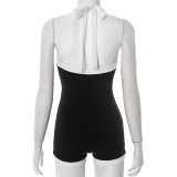 Women black and white contrast sexy v-neck Halter Neck Backless Jumpsuit