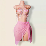 Women Multi-Color Beaded Halter Neck Hollow Bra Sexy Colorful Bead Strapless Body Chain