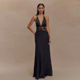 Women Summer V Neck Backless Lace See-Through Sexy Dress